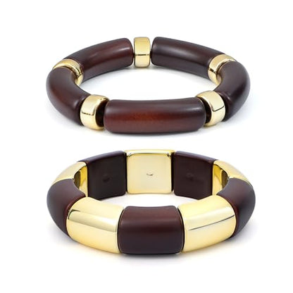 GOOJIDS Simple Beaded Gold Plated Bangles Bracelet Chunky Bamboo Tube Curved Stacking Clear Acrylic Colorful Beads Stretchable Gold Plated Bracelets Set For Women - color: T-Dark Brown 2 set