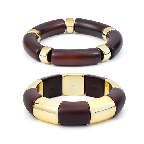 GOOJIDS Simple Beaded Gold Plated Bangles Bracelet Chunky Bamboo Tube Curved Stacking Clear Acrylic Colorful Beads Stretchable Gold Plated Bracelets Set For Women - color: T-Dark Brown 2 set