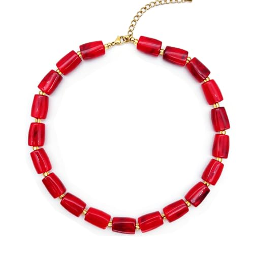 Red Beaded Necklace for Women Chunky Beaded Necklace Adjustable Acrylic Bead Choker Necklaces Big Statement Necklaces Jewelry Accessories - color: 17MMCylindricalBead