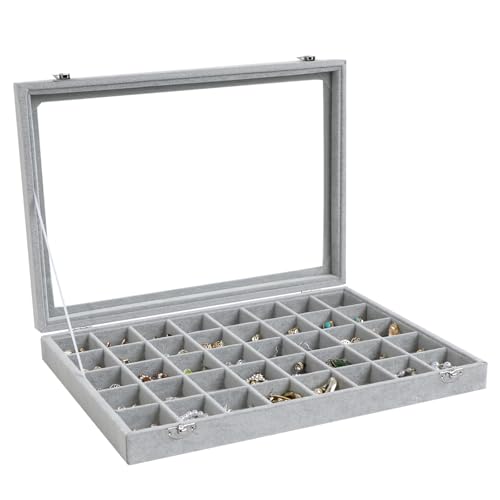 Wudygirl Velvet Earring Organizer Tray with Lid, 13.7x9.4 Inch Gray | 40 Grid Jewelry Organizer for Earrings, Perfect for Home Organization, Jewelry Display, Gift Giving, Dustproof Design - color: Gray, size: 40 Grid