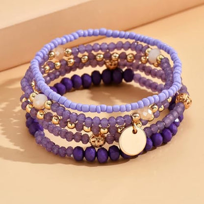 Bohemian Handmade Crystal Seed Beads Disc Pendant Colorful Multilayered Elastic Bracelets Stackable Stretch Strand Bangles Friendship Summer Beach Jewelry for Women - color: purple