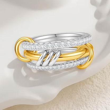 Cicy Bell Interlocking Ring for Women 18k Gold Plated CZ Stack Ring Set - color: Style E-Gold, size: 7