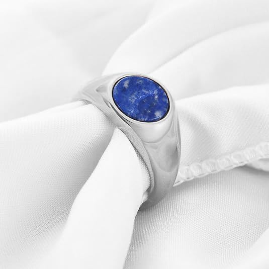MYNENEY Stainless Steel Round Shape Classical Simple Plain Wedding Engagement Statement Pinky Band Signet Rings for Men Women Size 4-15 - color: Lapis lazuli-Silver