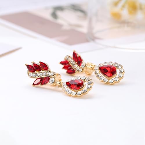 EleQueen Women's Austrian Crystal Art Deco Tear Drop Dangle Earrings Clip-on - color: 02-Gold-tone Ruby Color