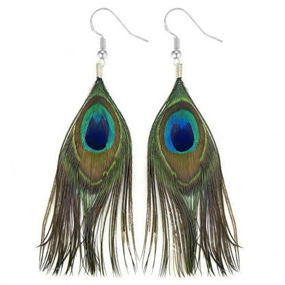 Feather Earrings for Women, Sterling Silver Hook Boho Style Peacock Long Feather Jewelry - color: Peacock Feather-3