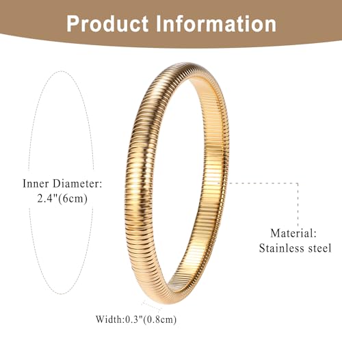 NMQLX Women's Elastic Bangle Bracelets: Stainless Steel Gold Chunky Wristband Bracelets - color: Gold - 8mm