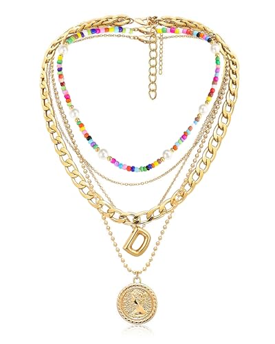 MJartoria Layered Necklaces for Women Trendy Balloon Initial Pendant Necklace Dainty Chunky Chain Beaded Choker Necklaces Jewelry Birthday Gifts - color: Gold, style: D