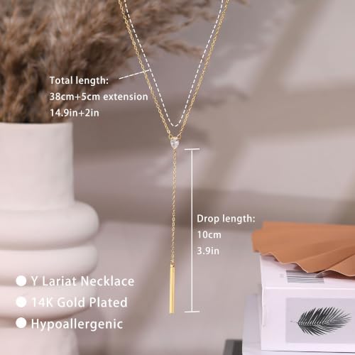 Ewrkbr Long Necklaces for Women, Dainty Gold Drop Necklace 14k Gold Plated CZ Y Shaped Lariat Necklace Simple Gold Necklaces for Women Trendy Summer Beach Accessories Wedding Prom Jewelry Gifts - color: Gold-Bar Drop