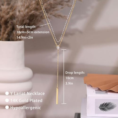 Ewrkbr Long Necklaces for Women, Dainty Gold Drop Necklace 14k Gold Plated CZ Y Shaped Lariat Necklace Simple Gold Necklaces for Women Trendy Summer Beach Accessories Wedding Prom Jewelry Gifts - color: Gold-Bar Drop