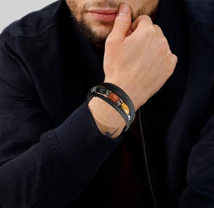 Mens Tiger Eye Leather Bracelet, Natural Tiger Eye Stone Multi-Layer Braided Cuff Bracelets for Men, Stainless Steel with Buckle Memorial Bangle Gifts for Him - color: Black1