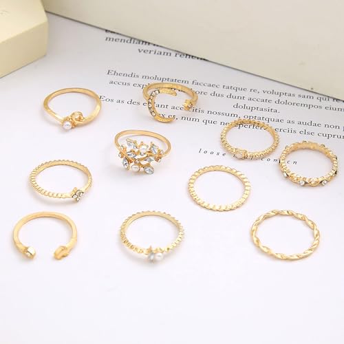 HUASAI Gold Stackable Rings Set for Women Boho Dainty Moon Star Pearl Leaf Cubic Zirconia Heart Midi Pinky Trendy Jewelry Birthday Gifts - color: R Gold Moon Star Rings 10 Pcs