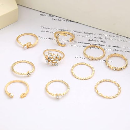 HUASAI Gold Stackable Rings Set for Women Boho Dainty Moon Star Pearl Leaf Cubic Zirconia Heart Midi Pinky Trendy Jewelry Birthday Gifts - color: R Gold Moon Star Rings 10 Pcs