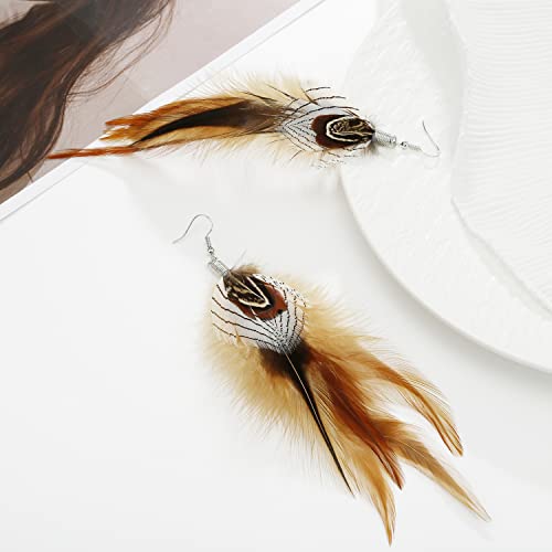 Bohemian Pheasant Peacock Long Feathers Statement Earrings Handmade Natural Lightweight Feather Dangle Earrings for Women (ea000071) - color: Silver Pheasant Brown
