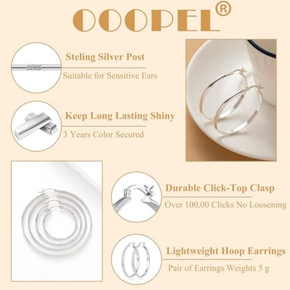 3mm Wide Large Hoop Earrings for Women Hypoallergenic 925 Sterling Silver Post Gold Earrings Lightweight Silver Hoop Earrings Oversize Big Gold Hoops 30/40/50/60MM - color: Silver, size: 30mm