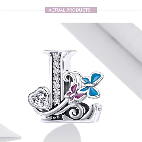 S925 Silver Butterfly Initial Letter Charms Fit for Pandora Charms Bracelets and Necklace Alphabet Bead Charms Jewelry Gifts for Women - color: L