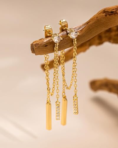 Dangle Earrings for Women - 14K Gold/White Gold/Rose Gold Plated Butterfly Heart Star Hoop Chain Long Tassel Cubic Zirconia CZ Dangle Earrings - color: Chain front and back