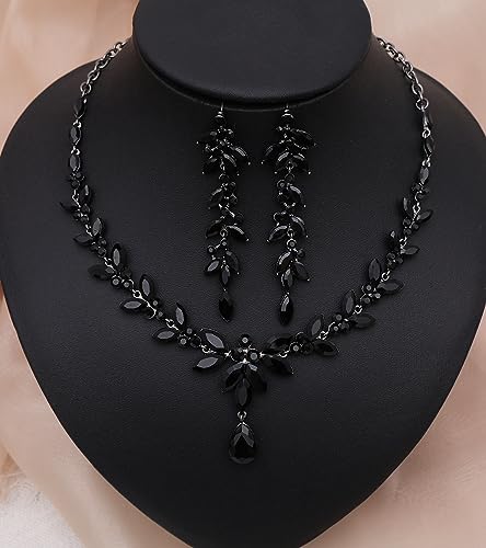 CSY Elegant Bridal Jewelry Sets Wedding Prom Homecoming Gown Accessories | Austrian Marquise Crystal Wedding Necklace Dangle Earrings Tennis Bracelet Ring Set for Bride Women Costume Accessories - color: black
