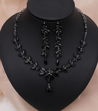CSY Elegant Bridal Jewelry Sets Wedding Prom Homecoming Gown Accessories | Austrian Marquise Crystal Wedding Necklace Dangle Earrings Tennis Bracelet Ring Set for Bride Women Costume Accessories - color: black