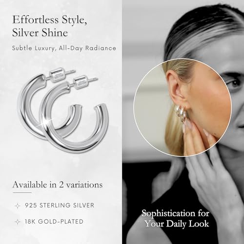 Small Gold Hoop Earrings for Women | 18K Gold Plated Non Tarnish Hoops, Classic Polished Huggie Earrings, 925 Sterling Silver Base, Twist Hoop. (4x20mm & 4x25mm, 3x15mm & 3x20mm) - color: Silver, size: Polish Hoop (4x20mm & 4x25mm)