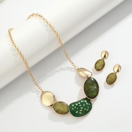 Vintage Statement Jewelry Set - Chunky Flower Floral Plant Geometric Resin Bib Necklace Earring Set Bohemian Boho Crystal Rhinestone Fashion Jewelry for Women Bridal Party Prom Unique Gift - style: MLJS2608-Green