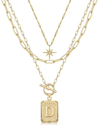 MJartoria Layered Initial Necklaces for Women | 14K Gold Plated Brass, Star Choker, Square Letter Pendant, Paperclip Chain - color: Gold, style: D