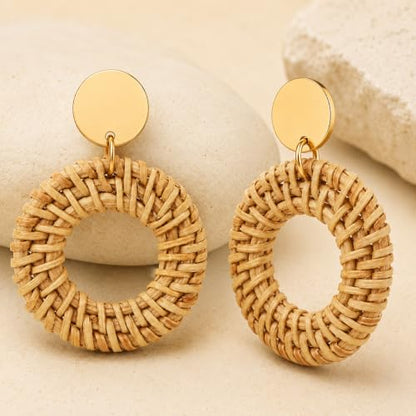 Handmade Rattan Teardrop Dangle Earrings for Women, Lightweight Boho Woven Statement Earrings with Gold Fish Hook, Natural Straw Weave Vacation Jewelry for Summer Beach - style: Natural Beige