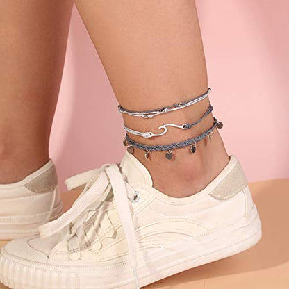 Waterproof String Anklets Cute Beaded Ankle Bracelets Beach Wave Anklet Stainless Steel Coin Boho Ankle Jewelry for Women - color: Grey