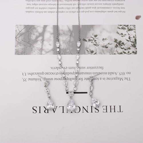 Elegant Bridal Cubic Zirconia Teardrop Pendant Necklace Drop Earrings Bracelet Brides Bridesmaids Wedding Jewelry Set for Women - color: Style1-Platinum Plated