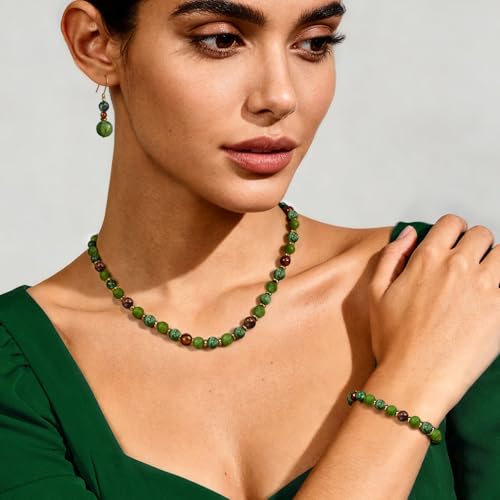Beaded Necklaces for Women 3Pcs Colorful Boho Gemstone Bead Choker Summer Natural Stone Surfer Beach Bead Necklace Bracelets Earring Set Handmade Jewelry for Women Gift Jewelry Sets - color: Olive Green