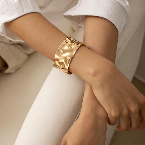 Chunky Cuff Bracelets for Women Wide Gold/Silver Cuffs Bangle Hollow Out Adjustable Bracelets Punk Vintage Jewelry - style: V-Gold A