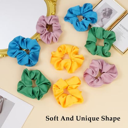 Satin Scrunchies for Women – 8PCS Dopamine Bright Silk Hair Ties – No Crease, Frizz-Free, Vibrant & Energetic Hair Bands for Thick & Thin Hair, Bold Hair Accessories Gifts - color: Large-Dopamine