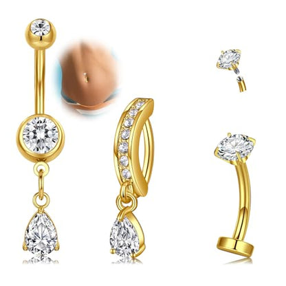 MODRSA Dangle Belly Button Ring Dangling Silver Gold Dangly Belly Piercing Jewelry Hypoallergenic Surgical Steel Butterfly Flower Navel Rings for Women Clicker Navel Piercings Pink - color: A2-3styles -gold