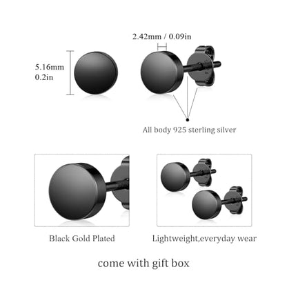 JIAYIQI Minimalist 925 Sterling Silver Stud Earrings Set, 14K Gold Plated Hypoallergenic Tiny Bar Dot Heart Star Studs for Women & Men - style: Black-Dot-1Pair