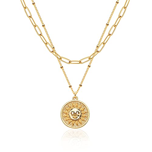 MEVECCO Layered Heart Necklace Pendant Handmade 18k Gold Plated Dainty Gold Choker Arrow Bar Layering Long Necklace for Women - style: Layer Sun Face