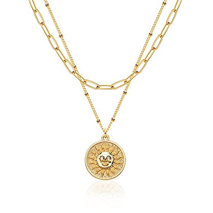 MEVECCO Layered Heart Necklace Pendant Handmade 18k Gold Plated Dainty Gold Choker Arrow Bar Layering Long Necklace for Women - style: Layer Sun Face