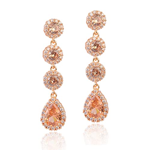 Women's Cubic Zirconia Bridal Earrings - Elegant Long Wedding Party Prom Earring for Bride Bridesmaids Crystal CZ Rhinestone Chandelier Statement Dangle Drop Earrings for girls - color: Champagne-gold