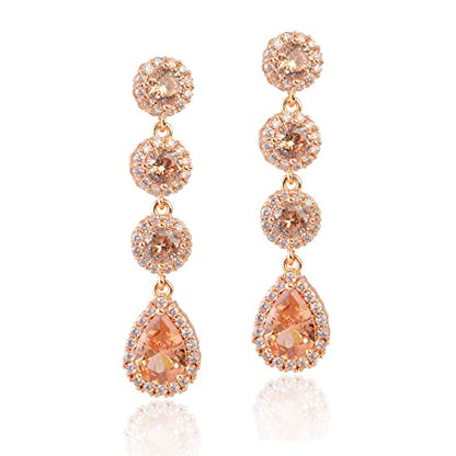 Women's Cubic Zirconia Bridal Earrings - Elegant Long Wedding Party Prom Earring for Bride Bridesmaids Crystal CZ Rhinestone Chandelier Statement Dangle Drop Earrings for girls - color: Champagne-gold