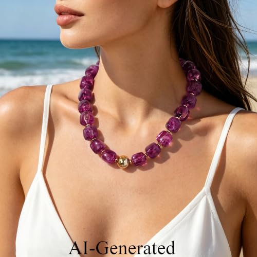 Ritach Chunky Beaded Necklaces for Women - Colorful Large Square Acrylic Beaded Necklace Boho Chunky Necklace Adjustable Statement Choker Necklace for Women Waterproof Summer Beach Jewelry Gifts - color: Purple