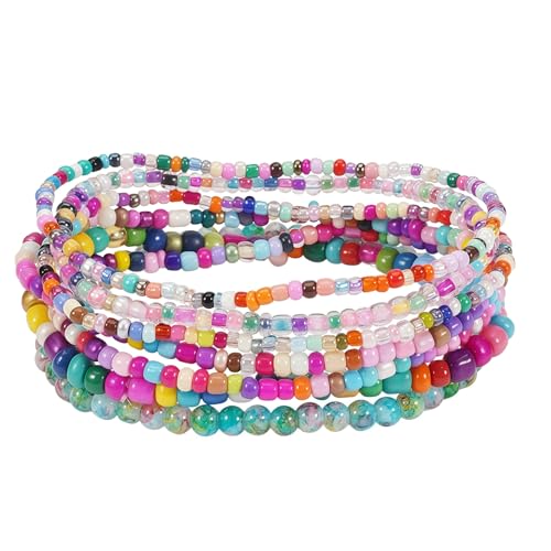 Bohemian Colorful Crystal Glass Beads Seed Beaded Bracelet Handmade Adjustable Stackable Elastic Strand Bangle for Women Summer Beach Hawaii Boho Wristbands Jewelry - color: colorful