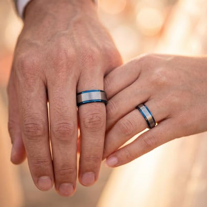 Tungsten Wedding Band Ring Black 10mm Men Women Comfort Fit 18k Rose Gold Step Edge Brushed Polished - color: Blue Grey Tungsten