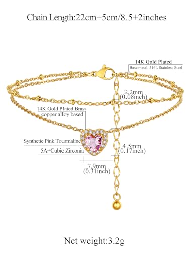 FindChic Bling Heart Birthstone Anklets Layered Beaded Ankle Bracelets for Women Gold/Black/Silver 12 Month Gem Colors Foot Chain Summer Jewelry for Girls, with Gift Box - color: Gold, style: 10. Oct.-Created Pink Tourmaline