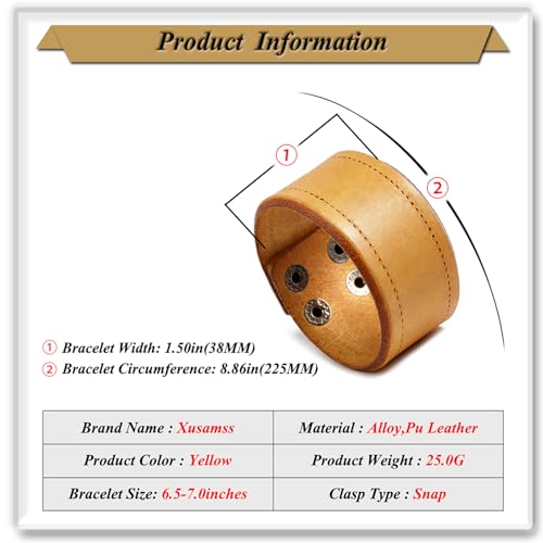 Xusamss Wide Leather Cuff Bracelet for Women Adjustable Punk Wristband Faux Leather Fashion Jewelry Bangle - color: Yellow