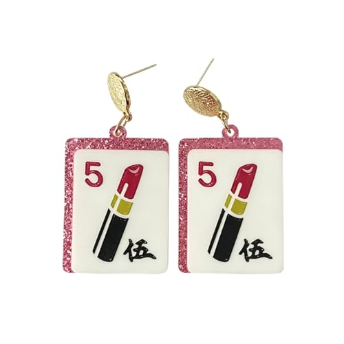 Mahjong Earrings Funny Acrylic Geometric Chinese Mahjong Tile Earrings for Women Mahjong Lovers Jewelry - color: lipstick 5
