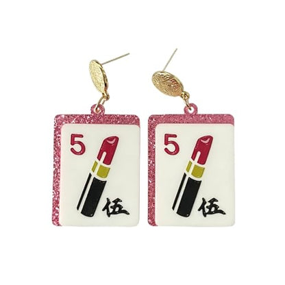 Mahjong Earrings Funny Acrylic Geometric Chinese Mahjong Tile Earrings for Women Mahjong Lovers Jewelry - color: lipstick 5
