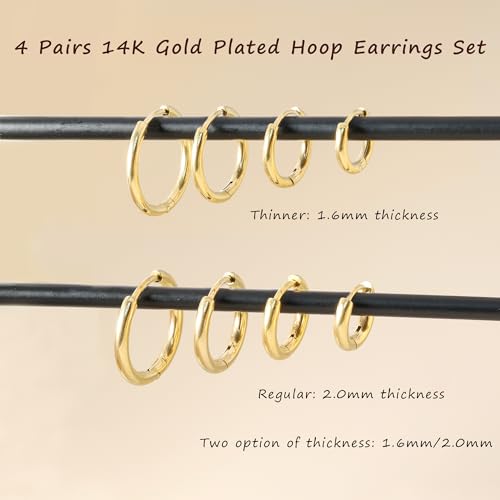 Small Hoop Earrings for Women Men Girls 14k Real Gold Plated Thin Gold Huggie Hoops Set for Cartilage Helix Hypoallergenic Surgical Stainless Steel 6/8/10/12mm - color: Gold, style: Thinner-1.6mm