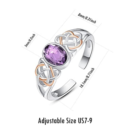 PRAYMOS 925 Sterling Silver Ring Birthstone Ring Turquoise Moss White Opal Ring for Women Celtic Knot Open Adjustable Thrumb Ring - color: Purple Amethyst