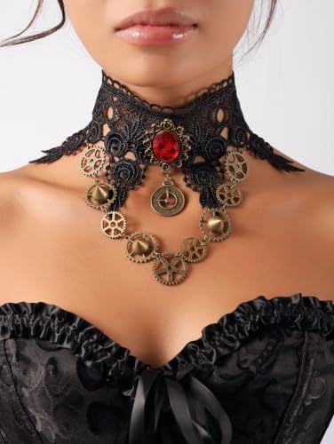 Gothic Black and Red Steampunk Teardrop Lace Choker Necklace, Goth Jewelry | Zinc alloy, iron, acrylic, and soft lace materials. Perfect for gothic emo punk grunge Vintage Victorian Halloween outfits