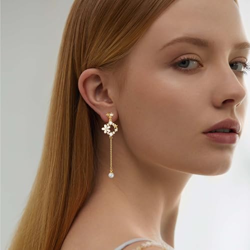 Awinesn Clip on Earrings Dangle Pearl Drop Clip Earrings for Women Trendy Dangle Chain Dainty Flower Wedding Earrings for Brides 14K Gold Plated Statement Non Pierced Earrings for Women Sparkly Jewelry - style: fugu-baiflower-g