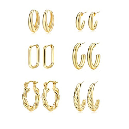 Gold Hoop Earrings Set for Women, 6 Pairs 14K Gold Plated Lightweight Hypoallergenic Chunky Open Twisted Hoops Earrings Pack Jewelry - color: Gold Twisted