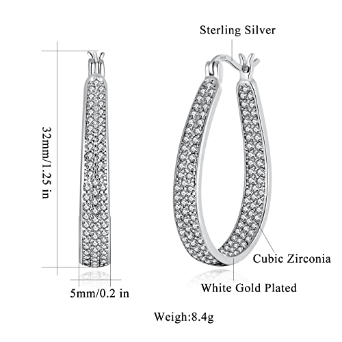 925 Sterling Silver Post Hoop Earrings for Women Gilrs Multcolors Cubic Zircon Hoops 14K Gold Plated Oval Chunky Hoop Earrings Jewelry Gift for Mothers Day/July 4th/Wedding/Party/Christmas - color: White
